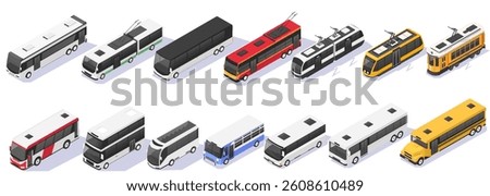 Isometric set of various public transport buses and trams. Vector illustration