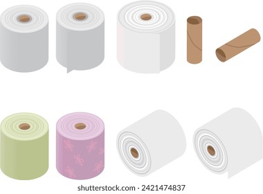 Isometric set of various toilet paper materials