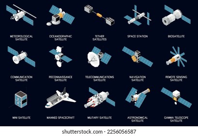 Conjunto isométrico de varios tipos de satélites y naves espaciales aislados en el fondo negro Ilustración vectorial 3d