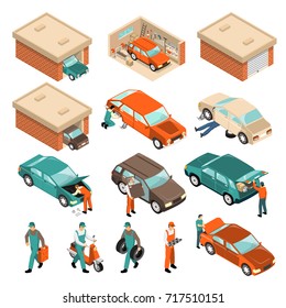 Isometric set with vehicle in brick garage, car repair, man with tyres, scooter, canister isolated vector illustration