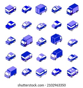 Isometric set vehicles from automobiles, trucks, vans, and trailers of blue color design games and websites