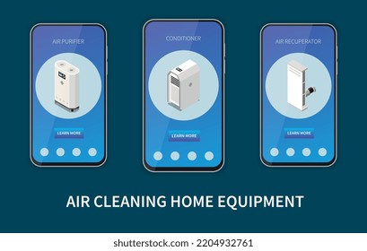 Conjunto isométrico de banners verticales de equipos domésticos de limpieza de aire con acondicionador purificador y recuperador ilustración vectorial aislada 3d