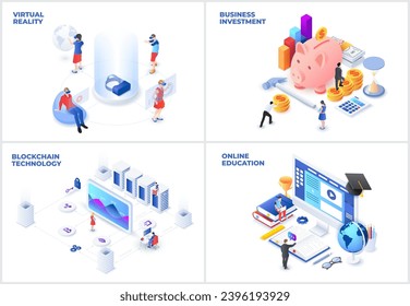 Conjunto isométrico con realidad virtual, blockchain, educación en línea e inversión empresarial