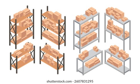 Isometric set of warehouse shelving with boxes. Loaded storage racks. Industrial shelving with cardboard packages. Metal frames with wooden shelves. Vector illustration isolated on white background.