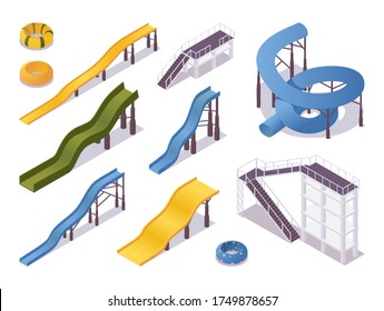 Conjunto isométrico de toboganes y tubos de agua, equipamiento de parque acuático. Piscina y escaleras de varios colores