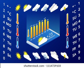 Isometric set of weather application design elements. Weather symbols, design for a mobile application weather forecast. Vector widgets layout of a meteorological application. Blue Background