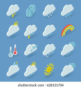 Isometric set of weather forecast icons with cloud, sun, snowflakes, thermometer, rainbow isolated on background. Illustration of meteo pictograms in flat style for web, graphic, infographic design