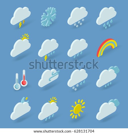 Isometric set of weather forecast icons with cloud, sun, snowflakes, thermometer, rainbow isolated on background. Illustration of meteo pictograms in flat style for web, graphic, infographic design