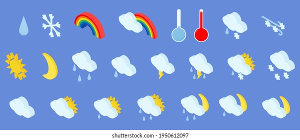 Isometric set of weather icons with cloud, sun, snowflakes and rainbow isolated on blue background. 3d illustration of meteorology pictogram.