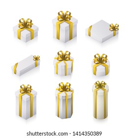 Isometric set of white gift boxes with gold bow and ribbons. Collection on the white isolated background.  Vector illustration.