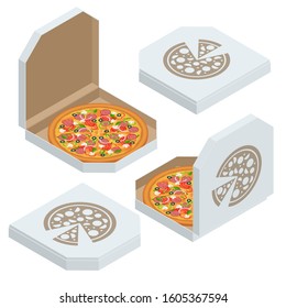 Isometric set of white pizza box template isolated on white background. Whole pizza of closed and open brown carton packaging box.