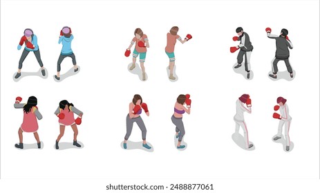 isometric set of woman people practice boxing and punching pose activity