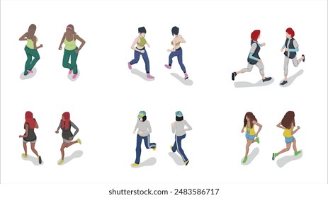 isometric set of woman people running pose activity