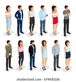 Isometric set of women and men in modern clothing. Elegant and fashionable people 3d. Men in business clothes, women in a dress, skirt, trousers.Vector illustration