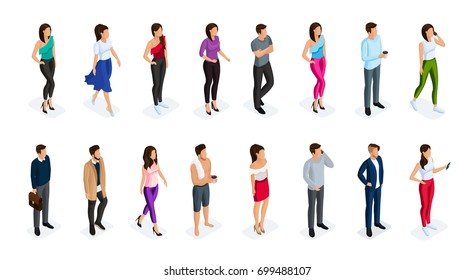 Isometric set of women and men in modern clothing. Elegant and fashionable people 3d. Men in business clothes, women in a dress, skirt, trousers.Vector illustration