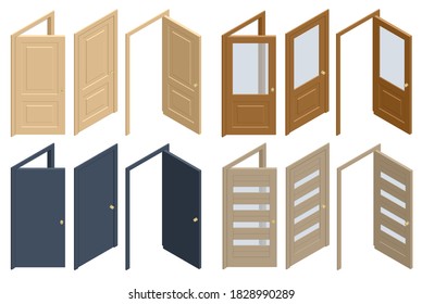 Isometric set of wooden doors in different stages of opening isolated on white background. Entrance and doorways. Indoor interior. Closed and open way.