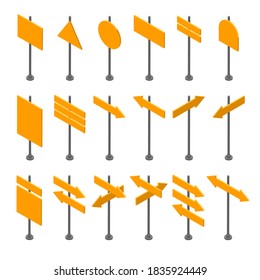 Isometric set of wooden signboards. Empty arrows and planks. Different directions isolated on white background. Flat vector illustration for space for text.