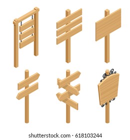 Isometric Set of a Wooden Signboards. Empty Cartoon Banner. Arrow, Plank With Cracks. Wood Material Elements. Flat vector illustration for Space For Text.  