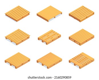 Isometric Set Of Wooden Yellow Shipping Pallet Icons Isolated Vector Illustration