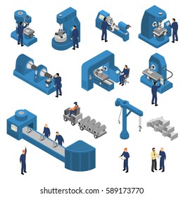 Isometric set of workers near machine tools with computer technologies including crane and loader isolated vector illustration