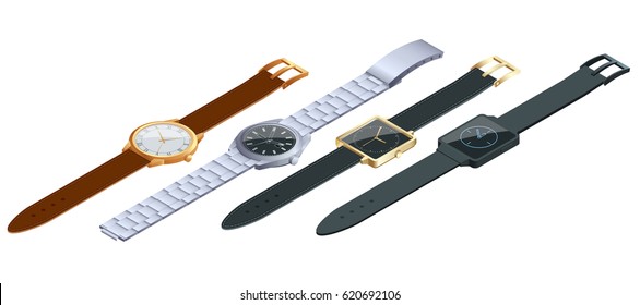 Isometric set of of wristwatches isolated on white background. Time on wrist watch concept. Flat 3d vector illustration.