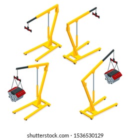 Isometric set of yellow garage crane or auto service lift for the car engine. Car maintenance vehicles diagnostics and repair service.