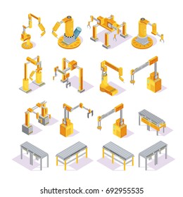 Isometric set of yellow grey conveyor machines with robotic hand for welding or packaging isolated vector illustration  