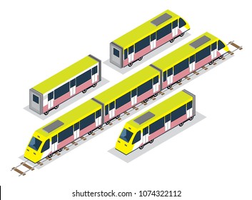 isometric set of yellow subway or metro train 3d transportation icon vector illustrations