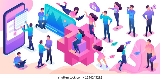 Isometric set of young people to create bright vector illustration.