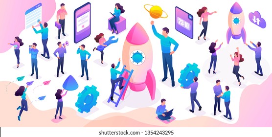 Isometric set of young people and details to create a bright vector illustration.