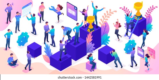 Isometric set of young people and details to create a bright vector illustration on the theme of success