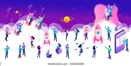 Isometric set of young people during startup a project for create a bright vector illustration.