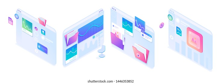 Isometric sets of operating concepts on tablet screens. Bright design for advertising concepts and web design development