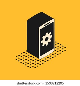 Isometric Setting on smartphone icon isolated on yellow background.  Vector Illustration