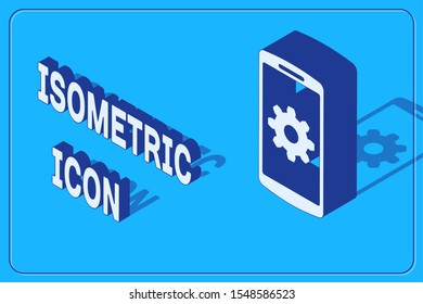 Isometric Setting on smartphone icon isolated on blue background. Mobile phone and gear. Adjusting, service, setting, maintenance, repair, fixing.  Vector Illustration