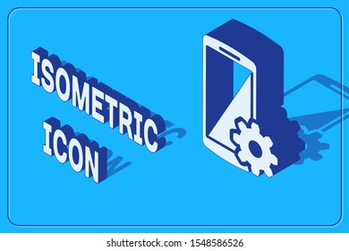 Isometric Setting on smartphone icon isolated on blue background. Mobile phone and gear. Adjusting, service, setting, maintenance, repair, fixing.  Vector Illustration