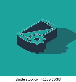 Isometric Setting on smartphone icon isolated on green background. Mobile phone and gear. Adjusting, service, setting, maintenance, repair, fixing.  Vector Illustration