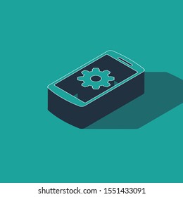 Isometric Setting on smartphone icon isolated on green background. Mobile phone and gear. Adjusting, service, setting, maintenance, repair, fixing.  Vector Illustration