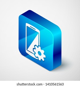 Isometric Setting on smartphone screen icon isolated on white background. Mobile phone and gear sign. Adjusting app, set options, repair, fixing phone concepts. Blue square button. Vector Illustration