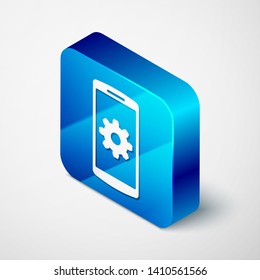 Isometric Setting on smartphone screen icon isolated on white background. Mobile phone and gear sign. Adjusting app, set options, repair, fixing phone concepts. Blue square button. Vector Illustration