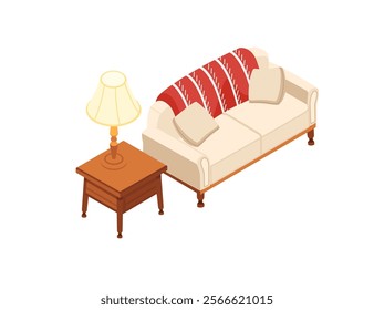 Isometric setup featuring side table with lamp and sofa with cushions. Perfect for interior design visuals, home decor advertisements, or furniture promotions. Vector illustration