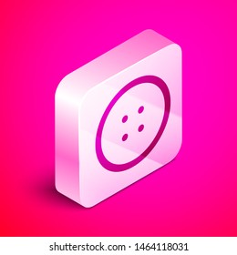 Isometric Sewing button for clothes icon isolated on pink background. Clothing button. Silver square button. Vector Illustration