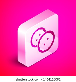 Isometric Sewing button for clothes icon isolated on pink background. Clothing buttons. Silver square button. Vector Illustration