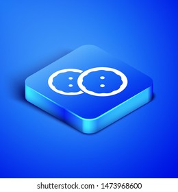 Isometric Sewing button for clothes icon isolated on blue background. Clothing buttons. Blue square button. Vector Illustration Isometric Sewing button for clothes icon isolated on blue background. Clothing buttons. Blue square button. Vector Illustration