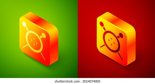 Isometric Sewing button and knitting needles icon isolated on green and red background. Clothing button. Square button. Vector Illustration