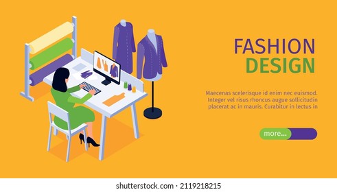 Isometric sewing factory horizontal banner with view of tailors working place with text and more button vector illustration