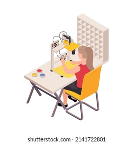 Isometric sewing factory icon with seamstress at her work place 3d vector illustration
