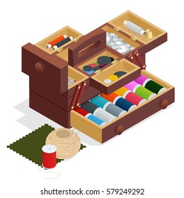 Isometric Sewing kit in wooden box, isolated on white background