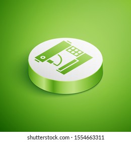 Isometric Sewing machine icon isolated on green background. White circle button. Vector Illustration