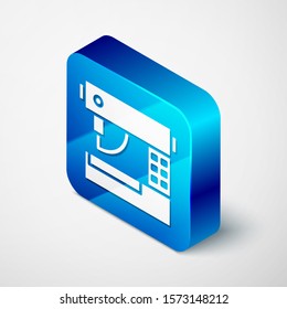 Isometric Sewing machine icon isolated on white background. Blue square button. Vector Illustration